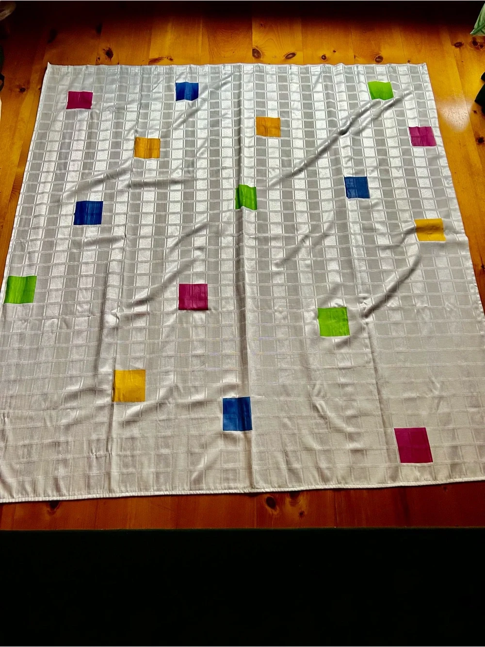 White Shower Curtain with Multicolor Square Accents Design